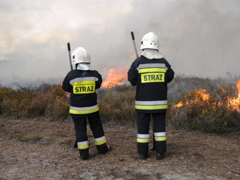Zabezpieczenie brzegów powierzchni przeznaczonej do wypalenia - strażacy wyposażeni w tłumice